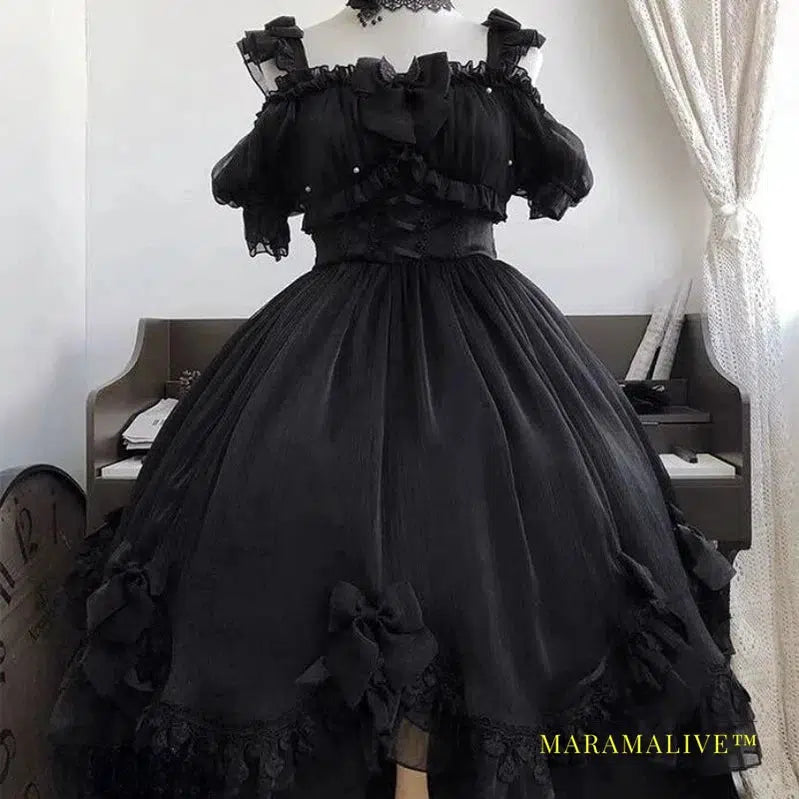 Victorian Gothic Lolita Dress Women Black White Elegant Backless Fairy Dresses Girly Kawaii Sweet Cosplay Mini Vestidos