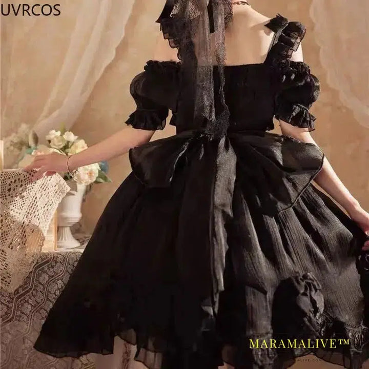 Victorian Gothic Lolita Dress Women Black White Elegant Backless Fairy Dresses Girly Kawaii Sweet Cosplay Mini Vestidos