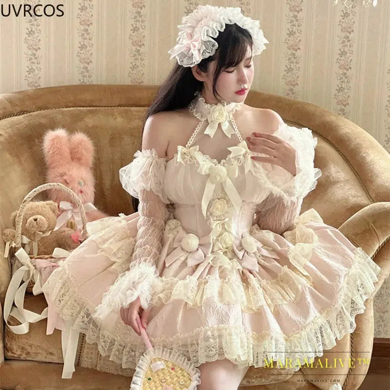 Victorian Gothic Lolita Dress Women Y2k Lace Bow Rose Flower Princess Dresses Elegant Wedding Party Mini Dress