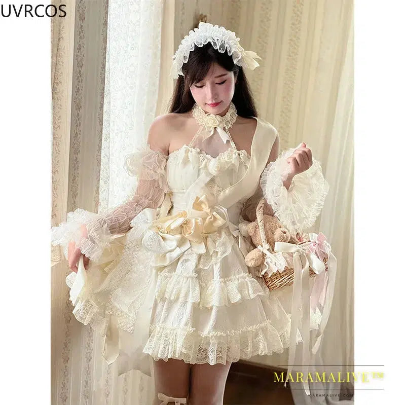 Victorian Gothic Lolita Dress Women Y2k Lace Bow Rose Flower Princess Dresses Elegant Wedding Party Mini Dress