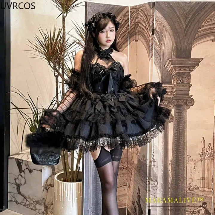 Victorian Gothic Lolita Dress Women Y2k Lace Bow Rose Flower Princess Dresses Elegant Wedding Party Mini Dress