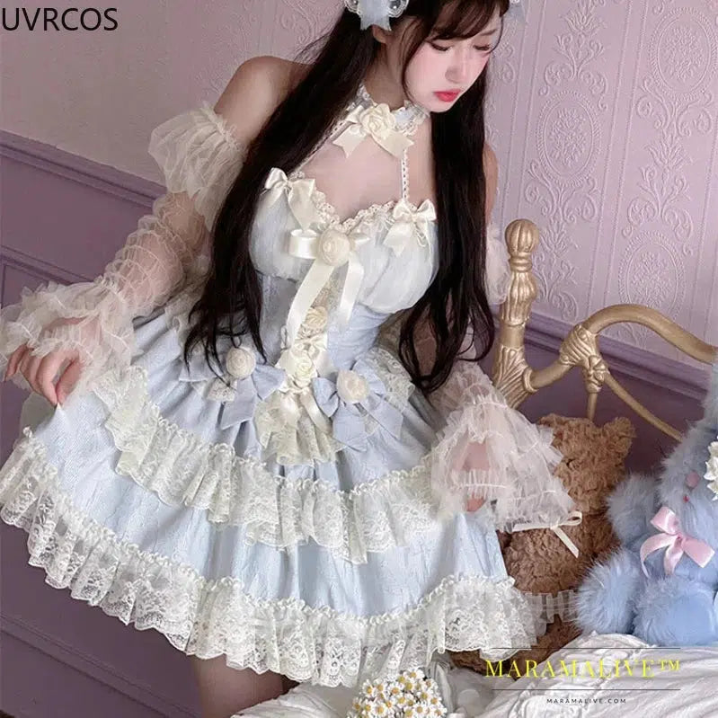 Victorian Gothic Lolita Dress Women Y2k Lace Bow Rose Flower Princess Dresses Elegant Wedding Party Mini Dress