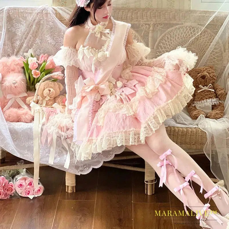 Victorian Gothic Lolita Dress Women Y2k Lace Bow Rose Flower Princess Dresses Elegant Wedding Party Mini Dress