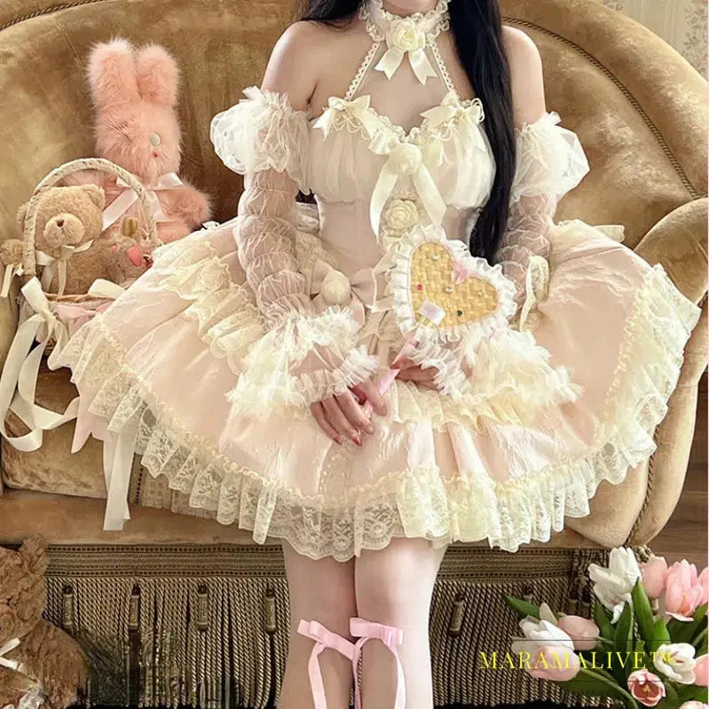 Victorian Gothic Lolita Dress Women Y2k Lace Bow Rose Flower Princess Dresses Elegant Wedding Party Mini Dress