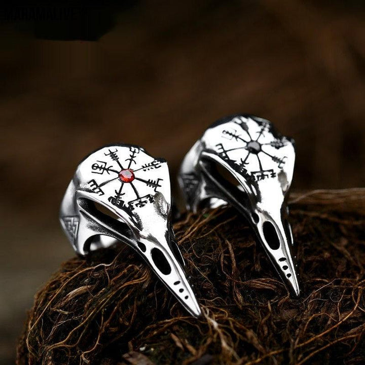 Viking Crow Inlaid Jewel Vintage Compass Titanium Steel Men's Ring