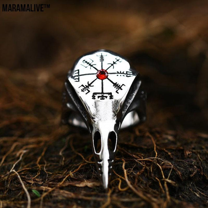 Viking Crow Inlaid Jewel Vintage Compass Titanium Steel Men's Ring