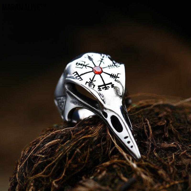 Viking Crow Inlaid Jewel Vintage Compass Titanium Steel Men's Ring