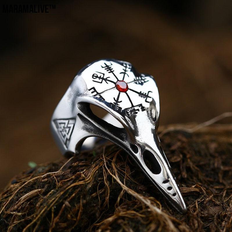 Viking Crow Inlaid Jewel Vintage Compass Titanium Steel Men's Ring