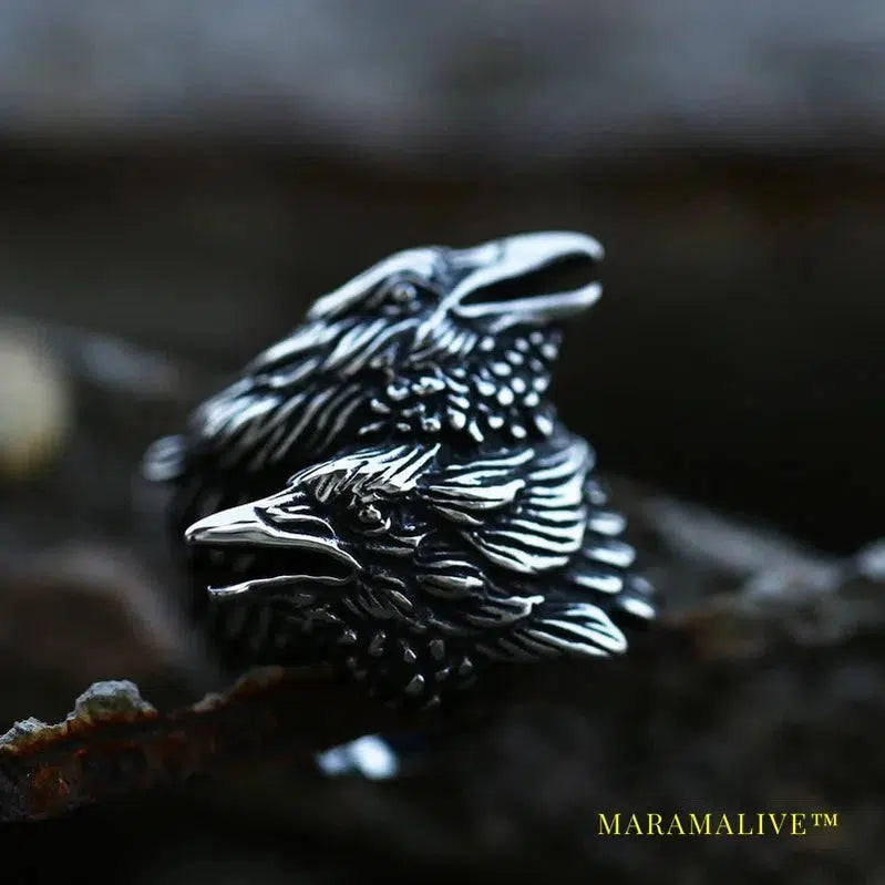 Viking Entwined Ravens Ring Norse Mythology Odin Crow Rings For Men Amulet Jewelry