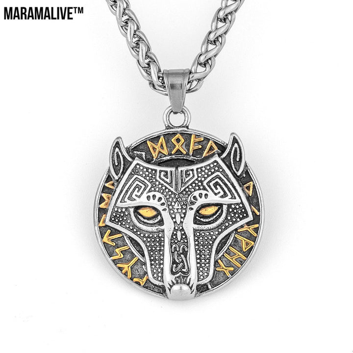 Viking Golden Wolf Head Aoding Rune Titanium Steel Pendant For Men