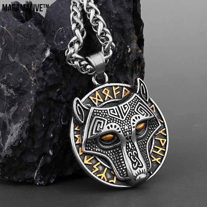 Viking Golden Wolf Head Aoding Rune Titanium Steel Pendant For Men