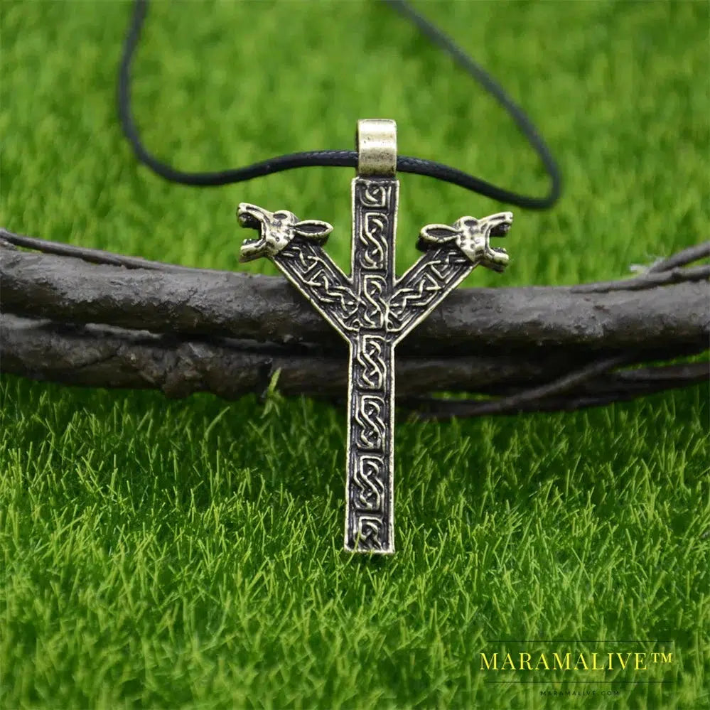 Viking Wolf Amulet Runic Rune Fehu Norse Talisman Irish Knots Jewelry Goth Men Necklace