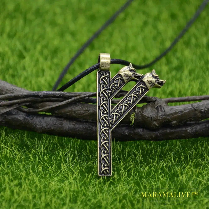 Viking Wolf Amulet Runic Rune Fehu Norse Talisman Irish Knots Jewelry Goth Men Necklace