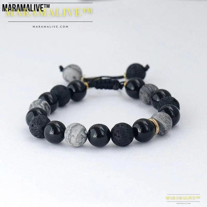 Vintage 10mm Volcanic Rock Beaded Braided Rope Bracelet Men