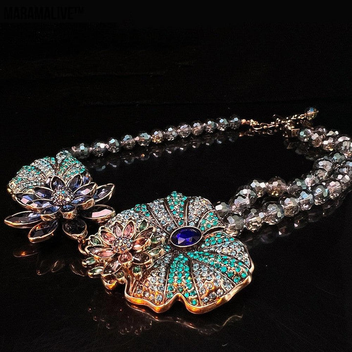 Vintage Antique Flower Necklace | Gem encrusted Flowers on Beaded Chain