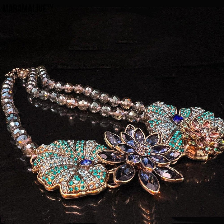 Vintage Antique Flower Necklace | Gem encrusted Flowers on Beaded Chain