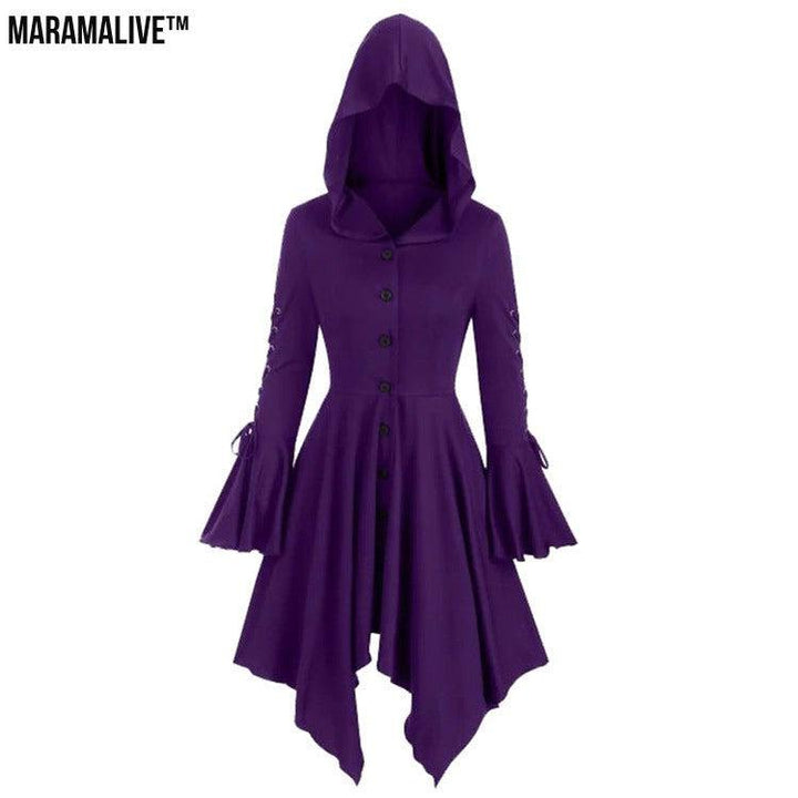 Vintage Female Gothic Hooded Dress Cloak Punk Witch Coat Lace Up Irregular Hem Lotus Sleeve