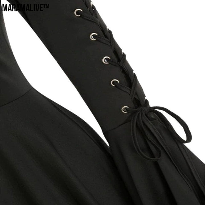 Vintage Female Gothic Hooded Dress Cloak Punk Witch Coat Lace Up Irregular Hem Lotus Sleeve