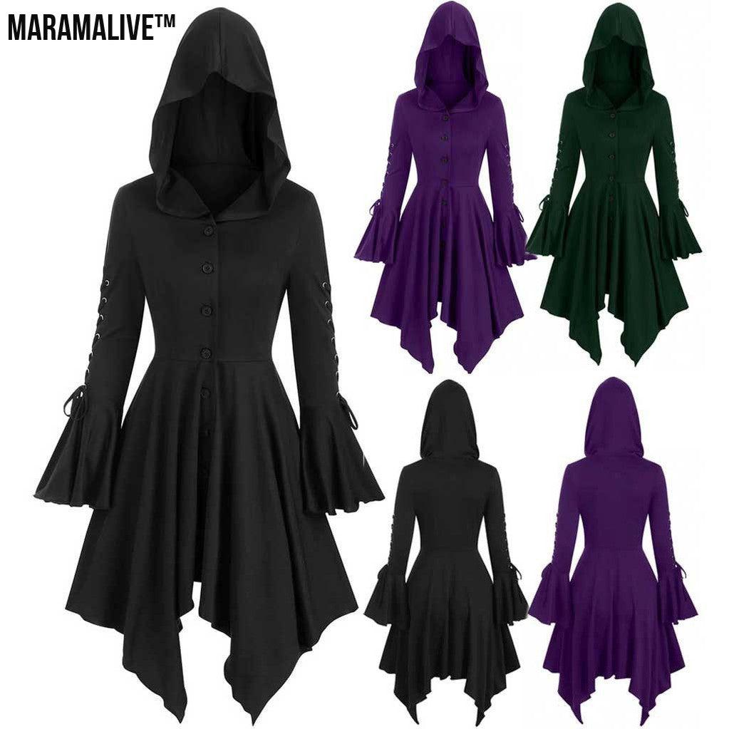 Vintage Female Gothic Hooded Dress Cloak Punk Witch Coat Lace Up Irregular Hem Lotus Sleeve