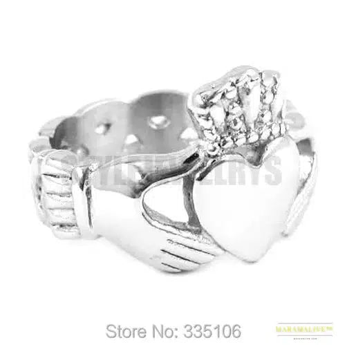 Vintage Gothic Irish Claddagh Stainless Steel Biker Ring - Heart, Hand, Crown Design - Unique Wedding Gift