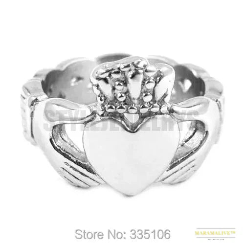 Vintage Gothic Irish Claddagh Stainless Steel Biker Ring - Heart, Hand, Crown Design - Unique Wedding Gift