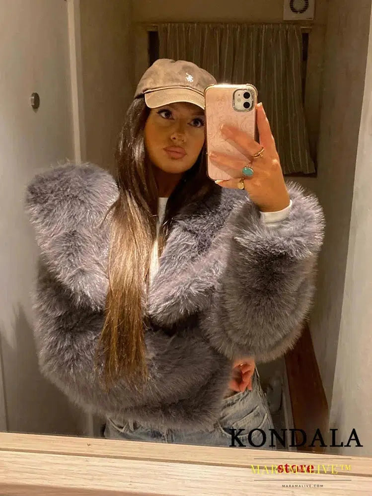 Vintage Gray Faux Fur Jackets Women O Neck Buttons Long Sleeve Coats Fashion 2024 Elegant Thick Outwears