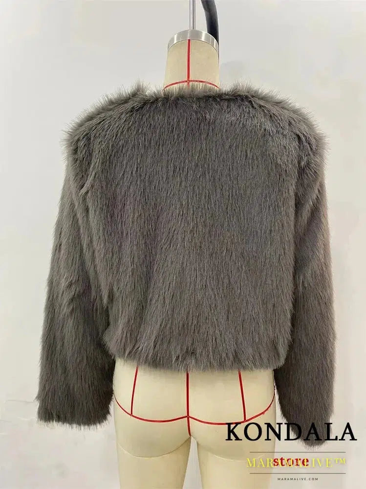 Vintage Gray Faux Fur Jackets Women O Neck Buttons Long Sleeve Coats Fashion 2024 Elegant Thick Outwears