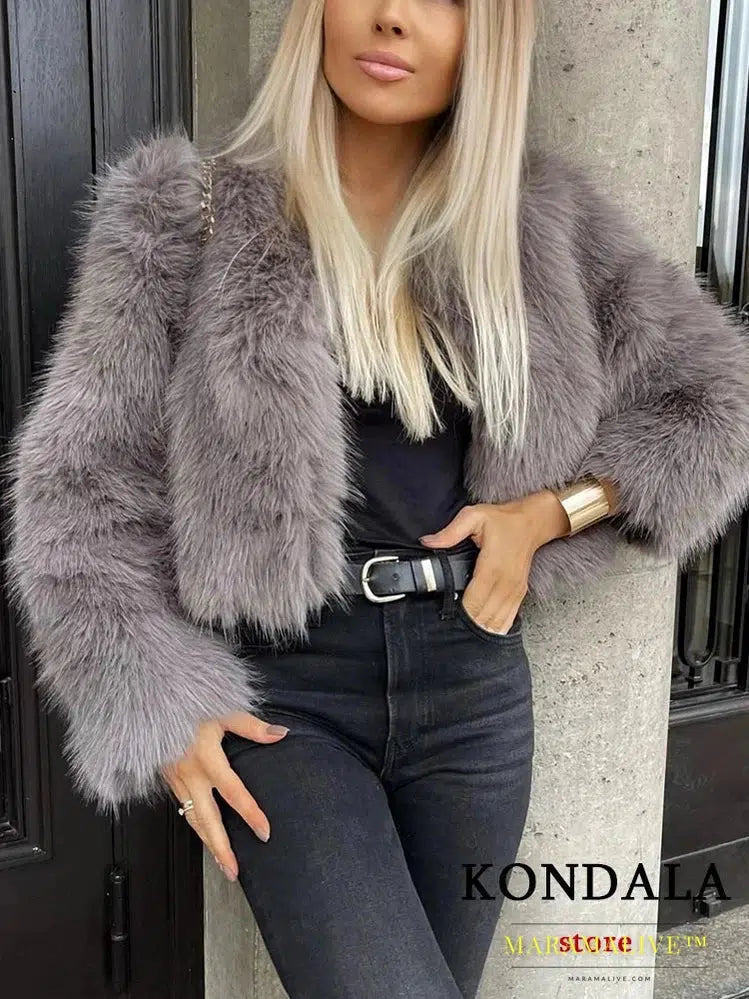 Vintage Gray Faux Fur Jackets Women O Neck Buttons Long Sleeve Coats Fashion 2024 Elegant Thick Outwears