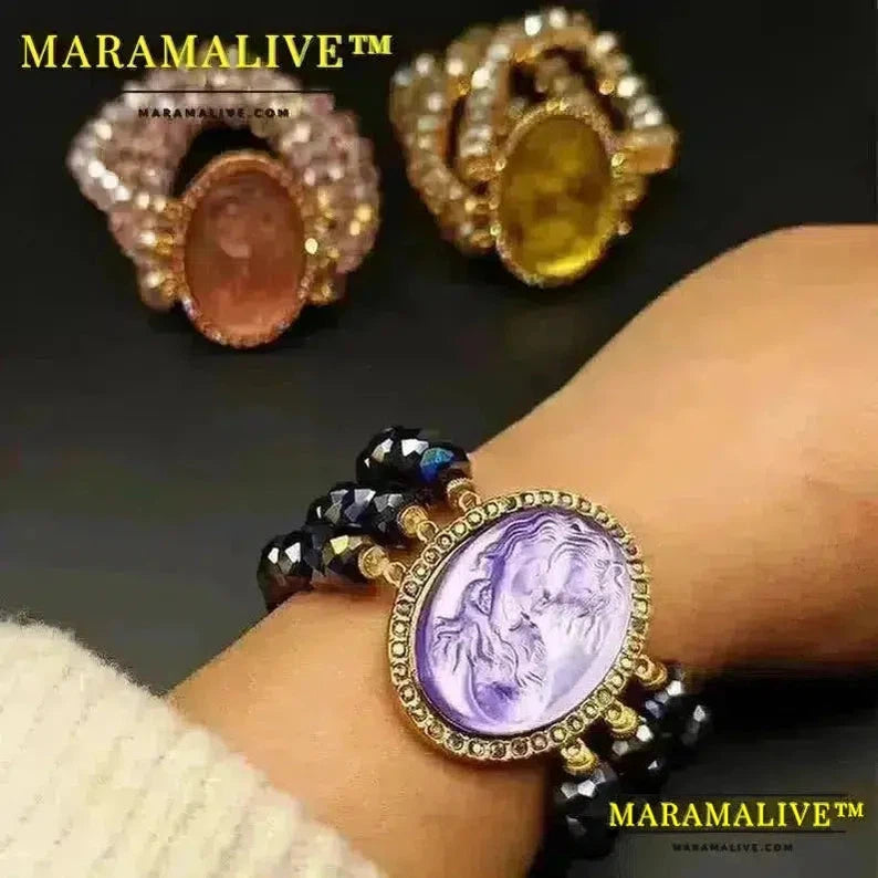 Vintage Mermaid Cameo Cat's Eye Stone Bracelet Temperament Women's Jewelry Bracelet Anniversary Gift