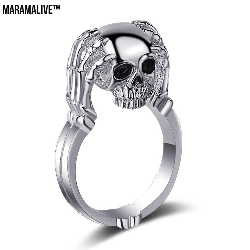 Vintage Oil Dripping Skull Hand Ring Exaggerated And Personalized Alternative Punk European And American