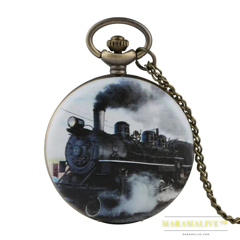 Vintage Retro Bronze Hollow Train Locomotive Steampunk Quartz Pocket Watch Women Men Necklace Pendant with Chain Birthday Gift