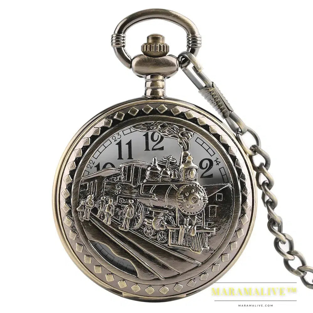 Vintage Retro Bronze Hollow Train Locomotive Steampunk Quartz Pocket Watch Women Men Necklace Pendant with Chain Birthday Gift