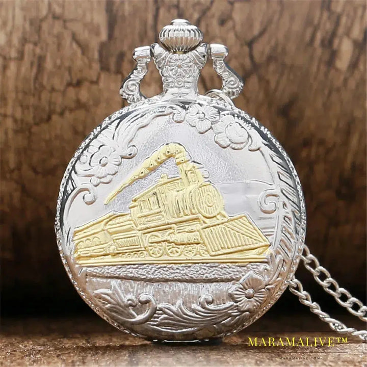 Vintage Retro Bronze Hollow Train Locomotive Steampunk Quartz Pocket Watch Women Men Necklace Pendant with Chain Birthday Gift