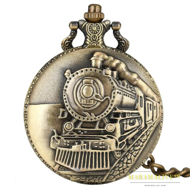 Vintage Retro Bronze Hollow Train Locomotive Steampunk Quartz Pocket Watch Women Men Necklace Pendant with Chain Birthday Gift