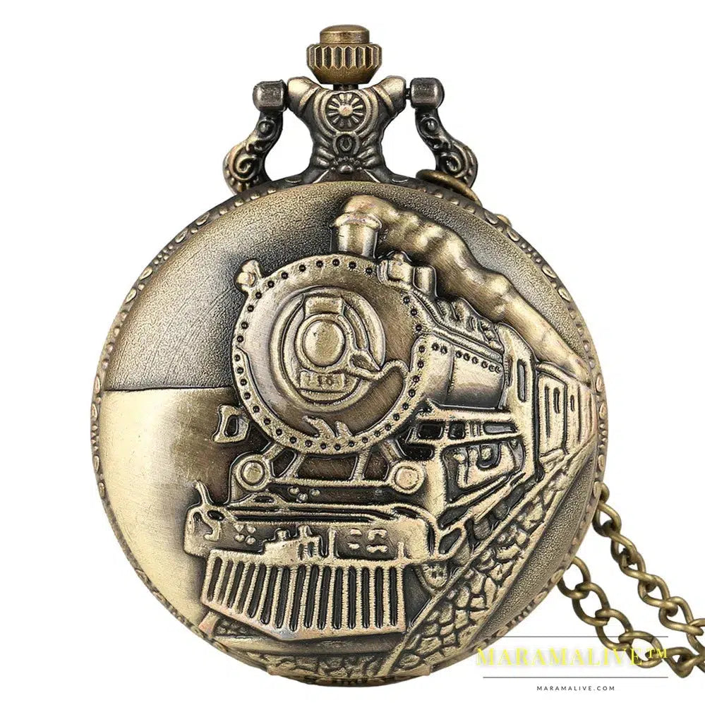 Vintage Retro Bronze Hollow Train Locomotive Steampunk Quartz Pocket Watch Women Men Necklace Pendant with Chain Birthday Gift