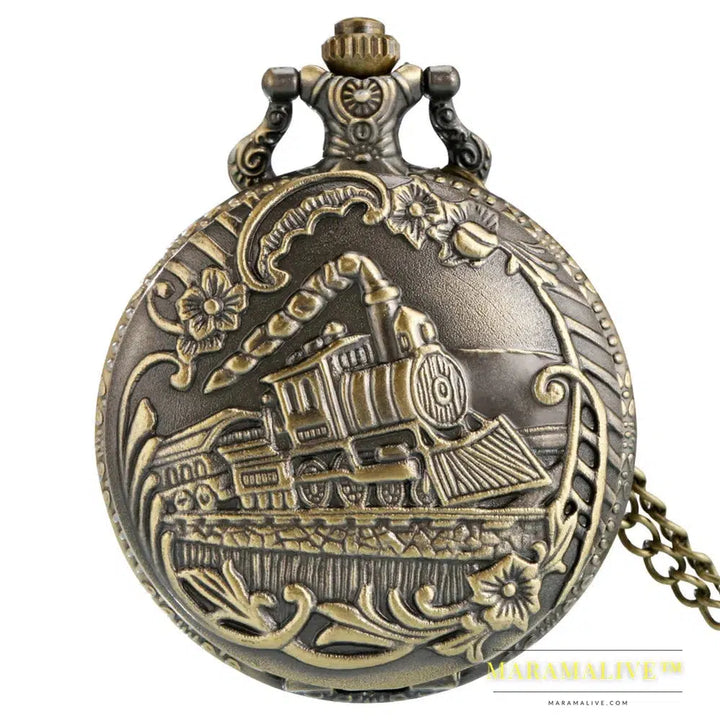 Vintage Retro Bronze Hollow Train Locomotive Steampunk Quartz Pocket Watch Women Men Necklace Pendant with Chain Birthday Gift