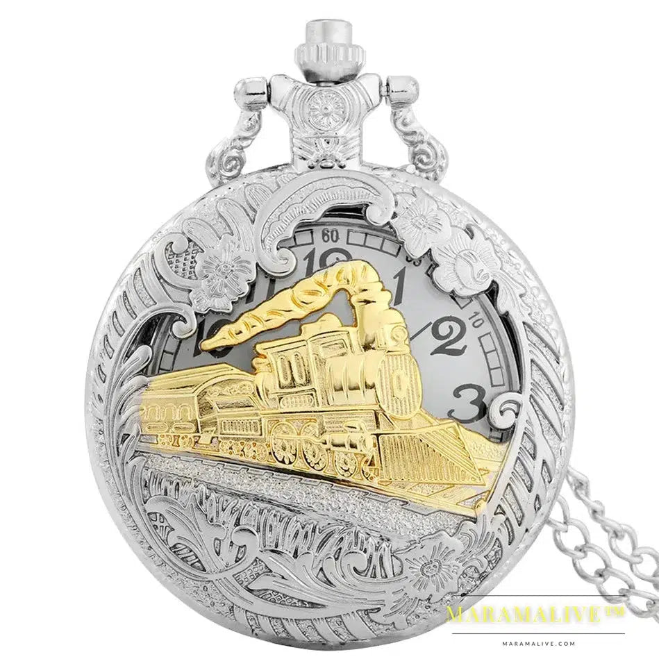 Vintage Retro Bronze Hollow Train Locomotive Steampunk Quartz Pocket Watch Women Men Necklace Pendant with Chain Birthday Gift