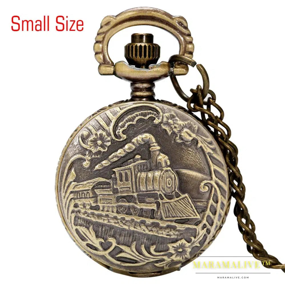 Vintage Retro Bronze Hollow Train Locomotive Steampunk Quartz Pocket Watch Women Men Necklace Pendant with Chain Birthday Gift