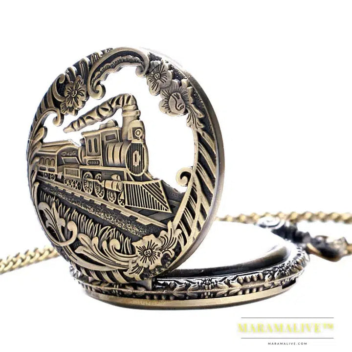 Vintage Retro Bronze Hollow Train Locomotive Steampunk Quartz Pocket Watch Women Men Necklace Pendant with Chain Birthday Gift