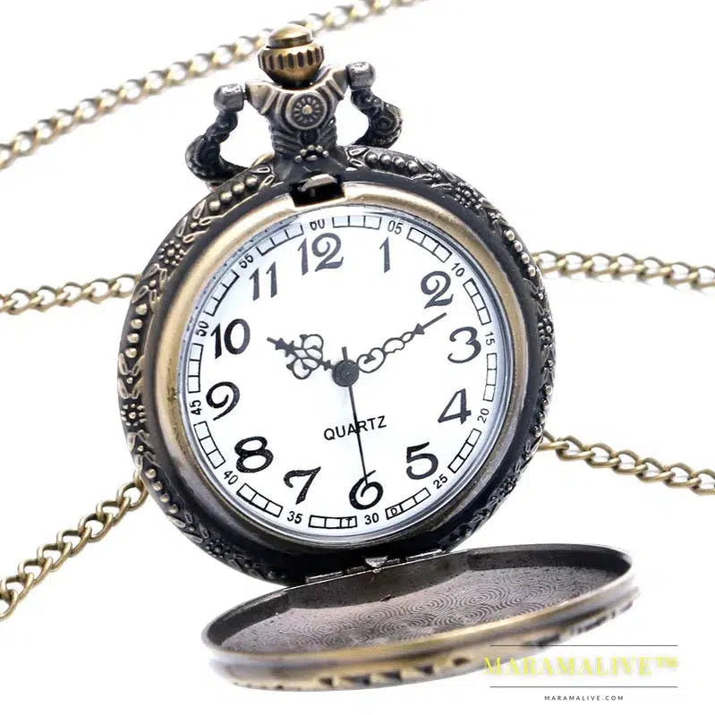 Vintage Retro Bronze Hollow Train Locomotive Steampunk Quartz Pocket Watch Women Men Necklace Pendant with Chain Birthday Gift