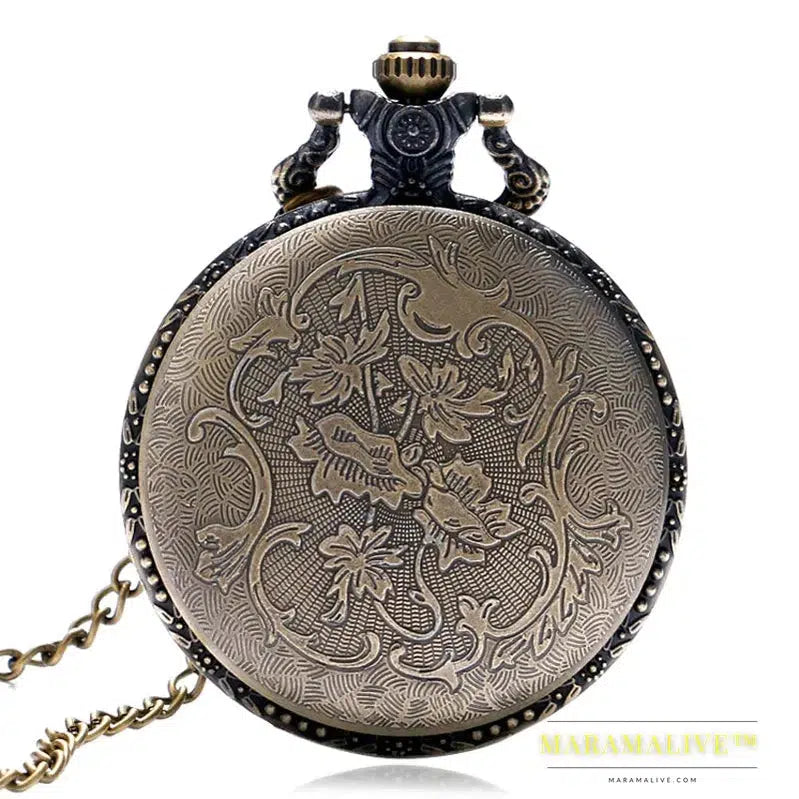 Vintage Retro Bronze Hollow Train Locomotive Steampunk Quartz Pocket Watch Women Men Necklace Pendant with Chain Birthday Gift