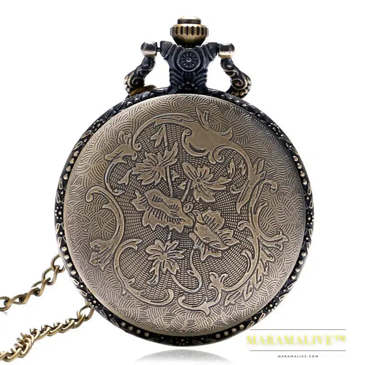 Vintage Retro Bronze Hollow Train Locomotive Steampunk Quartz Pocket Watch Women Men Necklace Pendant with Chain Birthday Gift