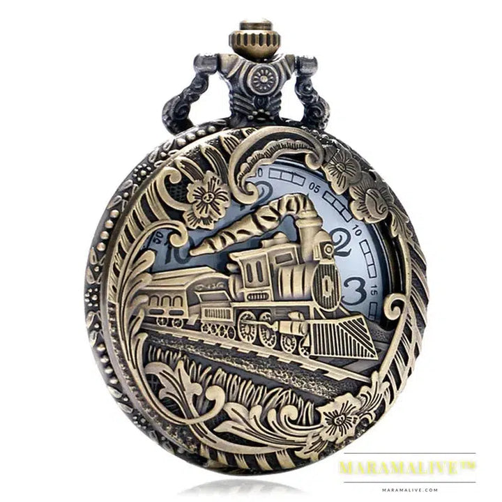 Vintage Retro Bronze Hollow Train Locomotive Steampunk Quartz Pocket Watch Women Men Necklace Pendant with Chain Birthday Gift