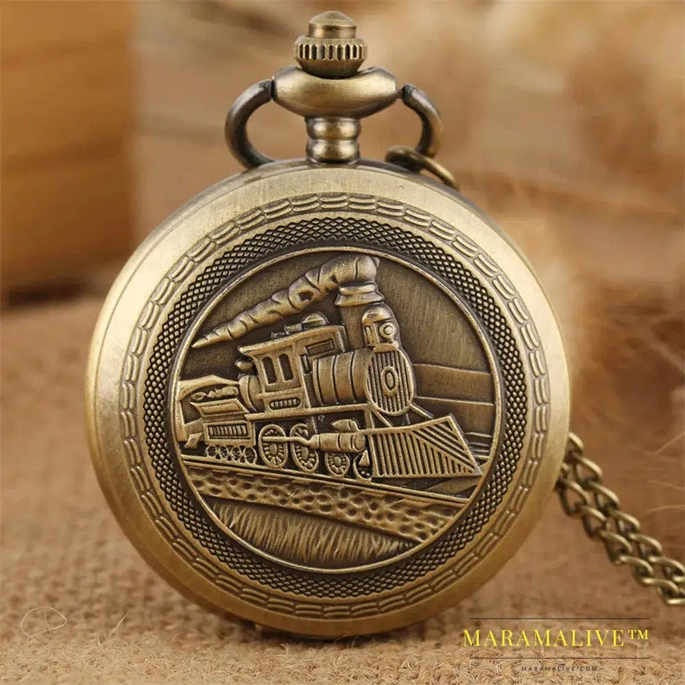 Vintage Retro Bronze Hollow Train Locomotive Steampunk Quartz Pocket Watch Women Men Necklace Pendant with Chain Birthday Gift