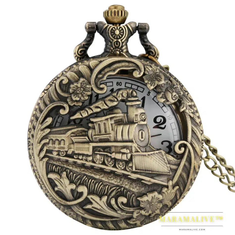 Vintage Retro Bronze Hollow Train Locomotive Steampunk Quartz Pocket Watch Women Men Necklace Pendant with Chain Birthday Gift