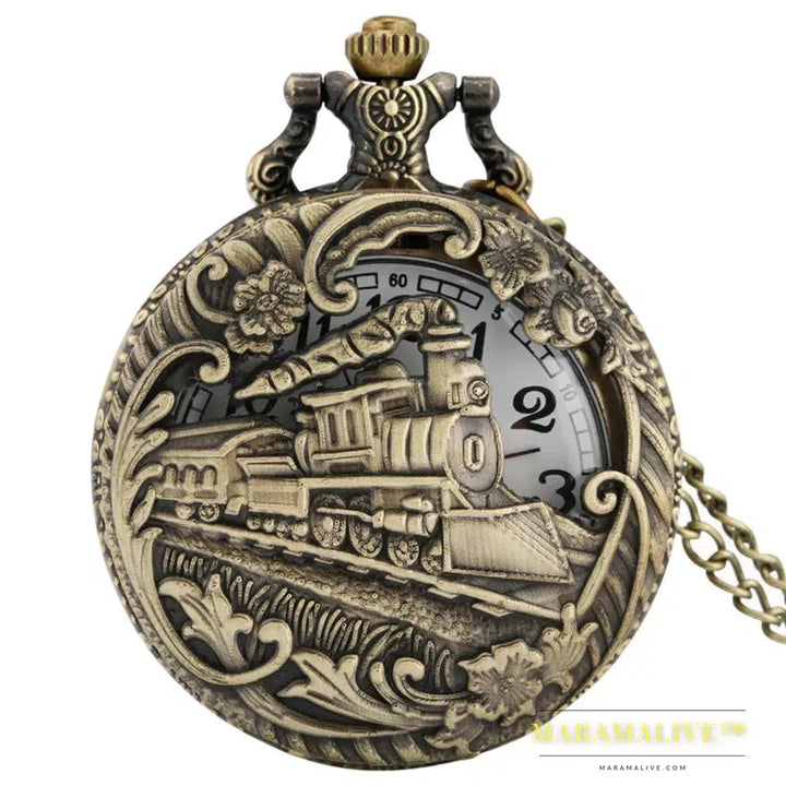 Vintage Retro Bronze Hollow Train Locomotive Steampunk Quartz Pocket Watch Women Men Necklace Pendant with Chain Birthday Gift