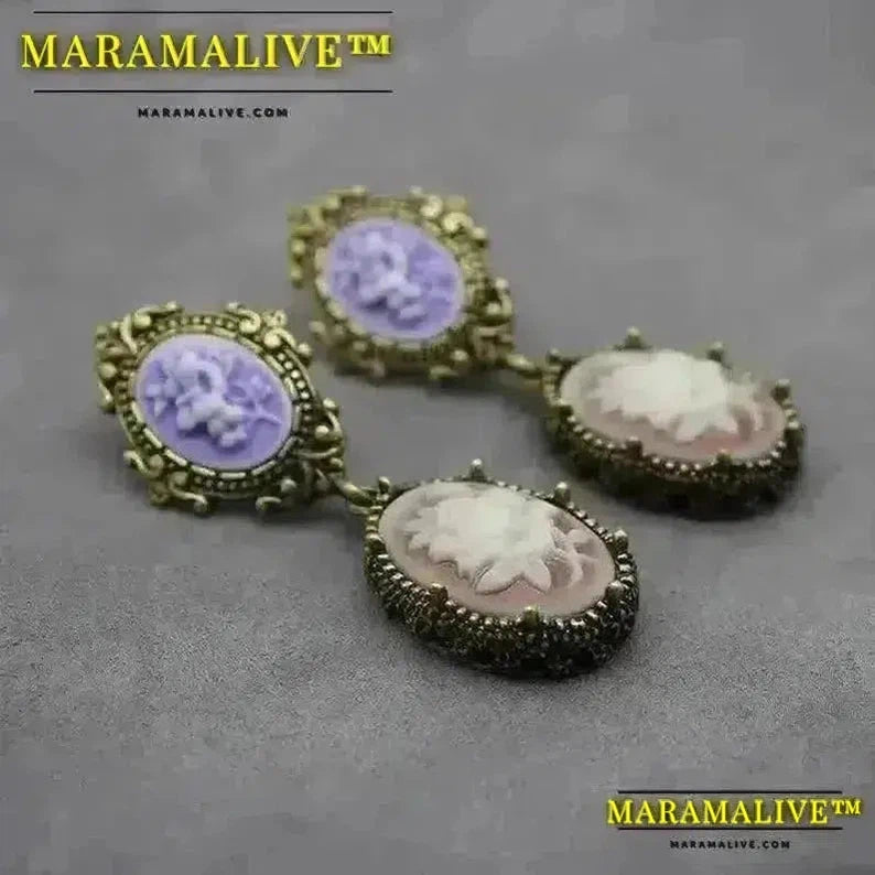 Vintage Retro Jewelry Relief Cameo Flower Earrings Do Old Swept Shoulder Byzantine Court Purple Earrings