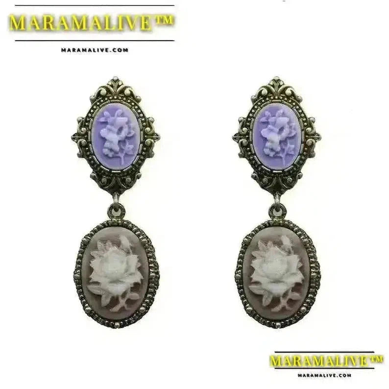 Vintage Retro Jewelry Relief Cameo Flower Earrings Do Old Swept Shoulder Byzantine Court Purple Earrings