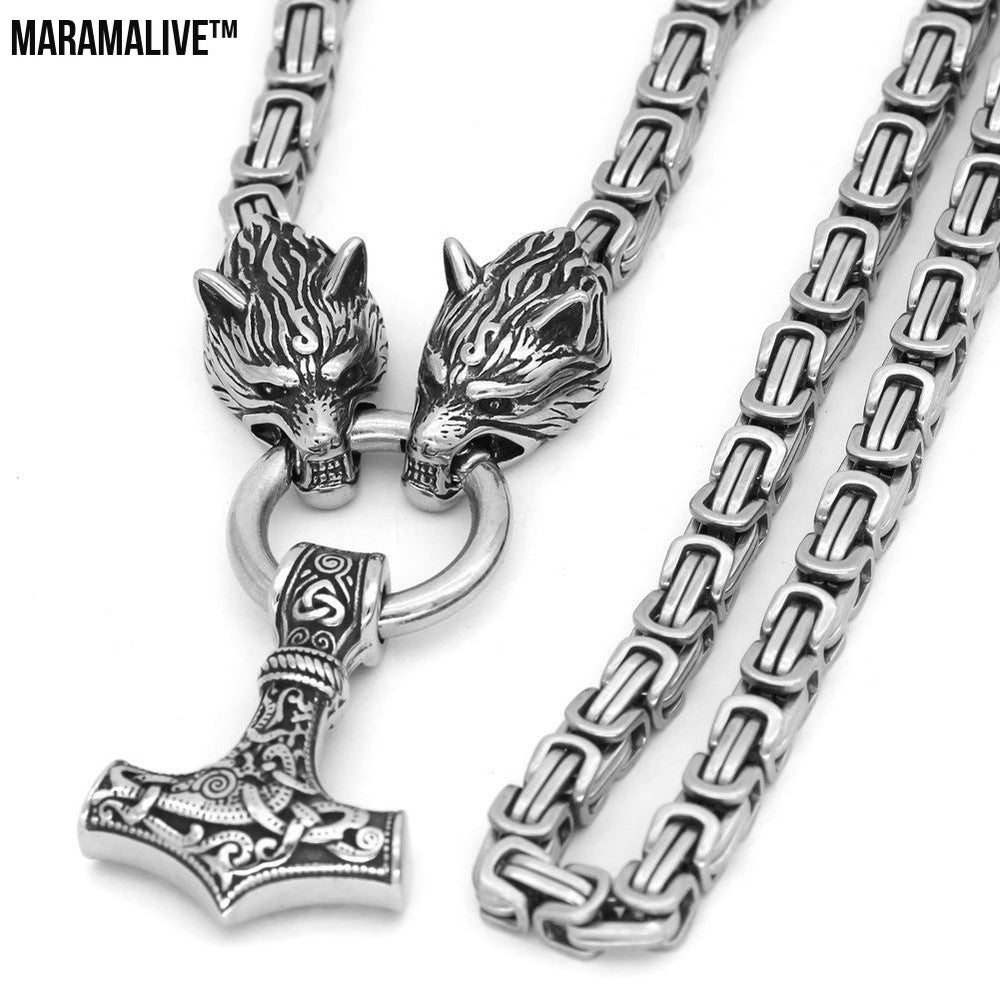 Vintage Square Chain Titanium Steel Pendant Wolf Head Necklace Men's Sweater Chain