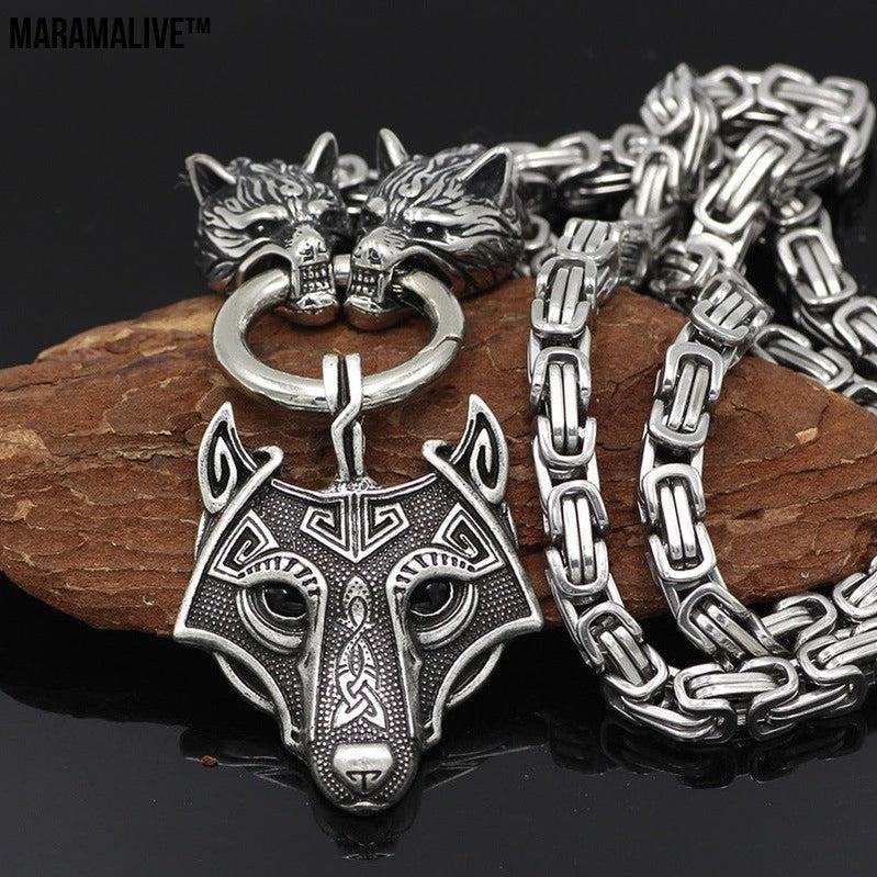 Vintage Square Chain Titanium Steel Pendant Wolf Head Necklace Men's Sweater Chain